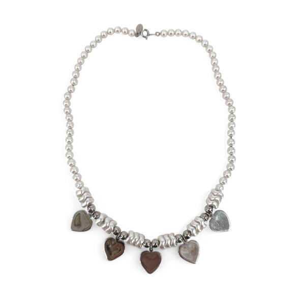 Medici Necklace Simulated Pearl Bead and Silver Tone Hearts Princess Length - Picture 6 of 13
